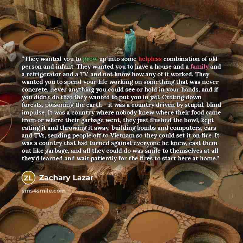 “They wanted you to grow up into some helpless combination of old person and infant. They wanted you to have a house and a family and a refrigerator and a TV, and not know how any of it worked. They wanted you to spend your life working on something that was never concrete, never anything you could…” quote by Zachary Lazar