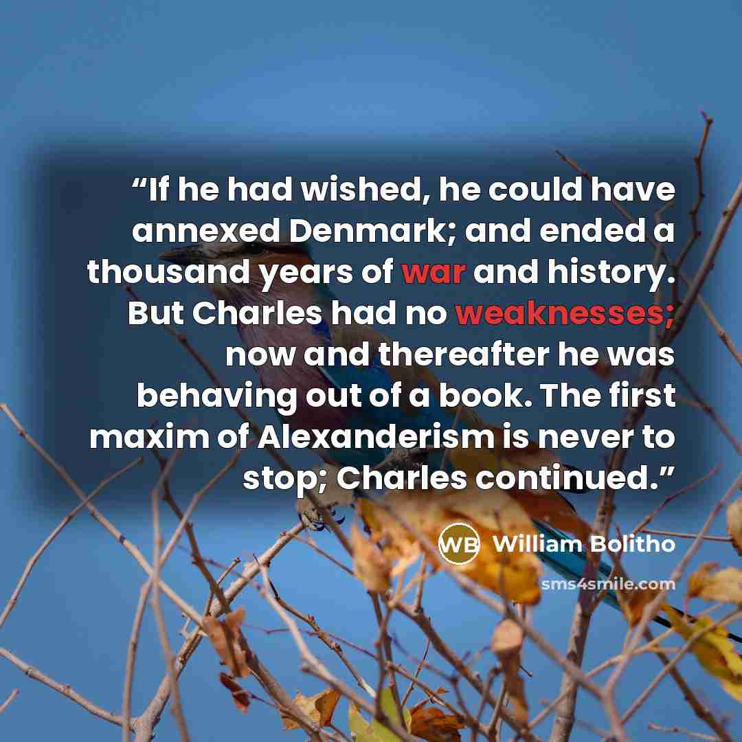 “If he had wished, he could have annexed Denmark; and ended a thousand years of war and history. But Charles had no weaknesses; now and thereafter he was behaving out of a book. The first maxim of Alexanderism is never to stop; Charles continued.” quote by William Bolitho