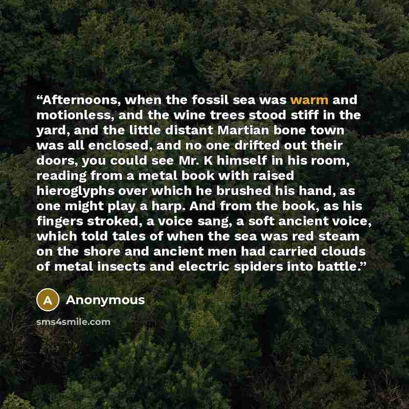 “Afternoons, when the fossil sea was warm and motionless, and the wine trees stood stiff in the yard, and the little distant Martian bone town was all enclosed, and no one drifted out their doors, you could see Mr. K himself in his room, reading from a metal book with raised hieroglyphs over which…” quote by Anonymous