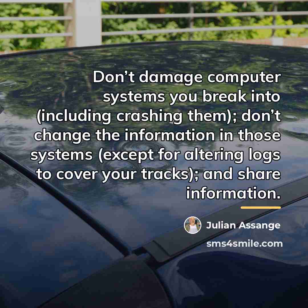 “Don’t damage computer systems you break into (including crashing them);…” quote by Julian Assange