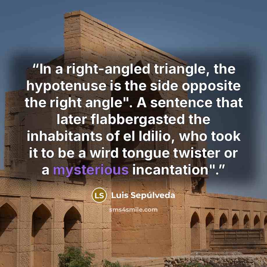 “In a right-angled triangle, the hypotenuse is the side opposite the right angle". A sentence that later flabbergasted the inhabitants of el Idilio, who took it to be a wird tongue twister or a mysterious incantation".” quote by Luis Sepúlveda