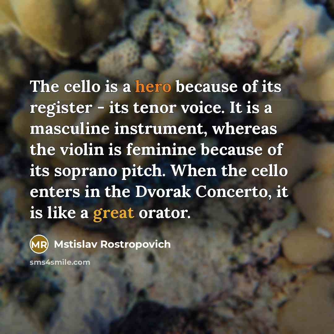 “The cello is a hero because of its register -…” quote by Mstislav Rostropovich