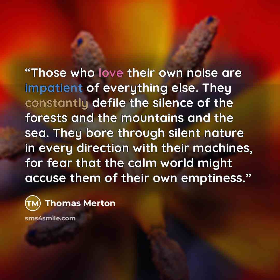 “Those who love their own noise are impatient of everything else. They constantly defile the silence of the forests and the mountains and the sea. They bore through silent nature in every direction with their machines, for fear that the calm world might accuse them of their own emptiness.” quote by thomas merton