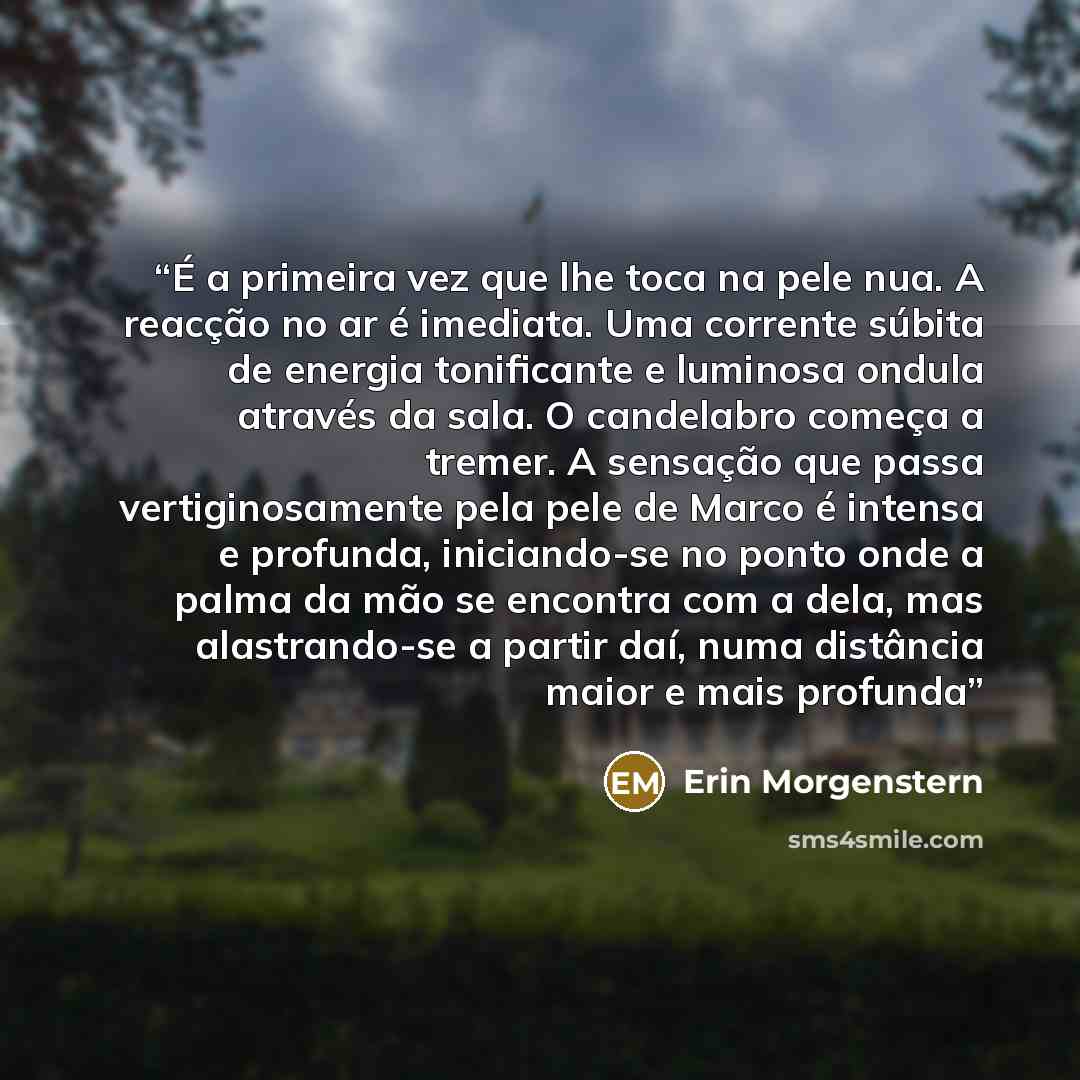 “É a primeira vez que lhe toca na pele nua. A reacção no ar é imediata. Uma corrente súbita de energia tonificante e luminosa ondula através da sala. O candelabro começa a tremer. A sensação que passa vertiginosamente pela pele de Marco é intensa e profunda, iniciando-se no ponto onde a palma da…” quote by Erin Morgenstern