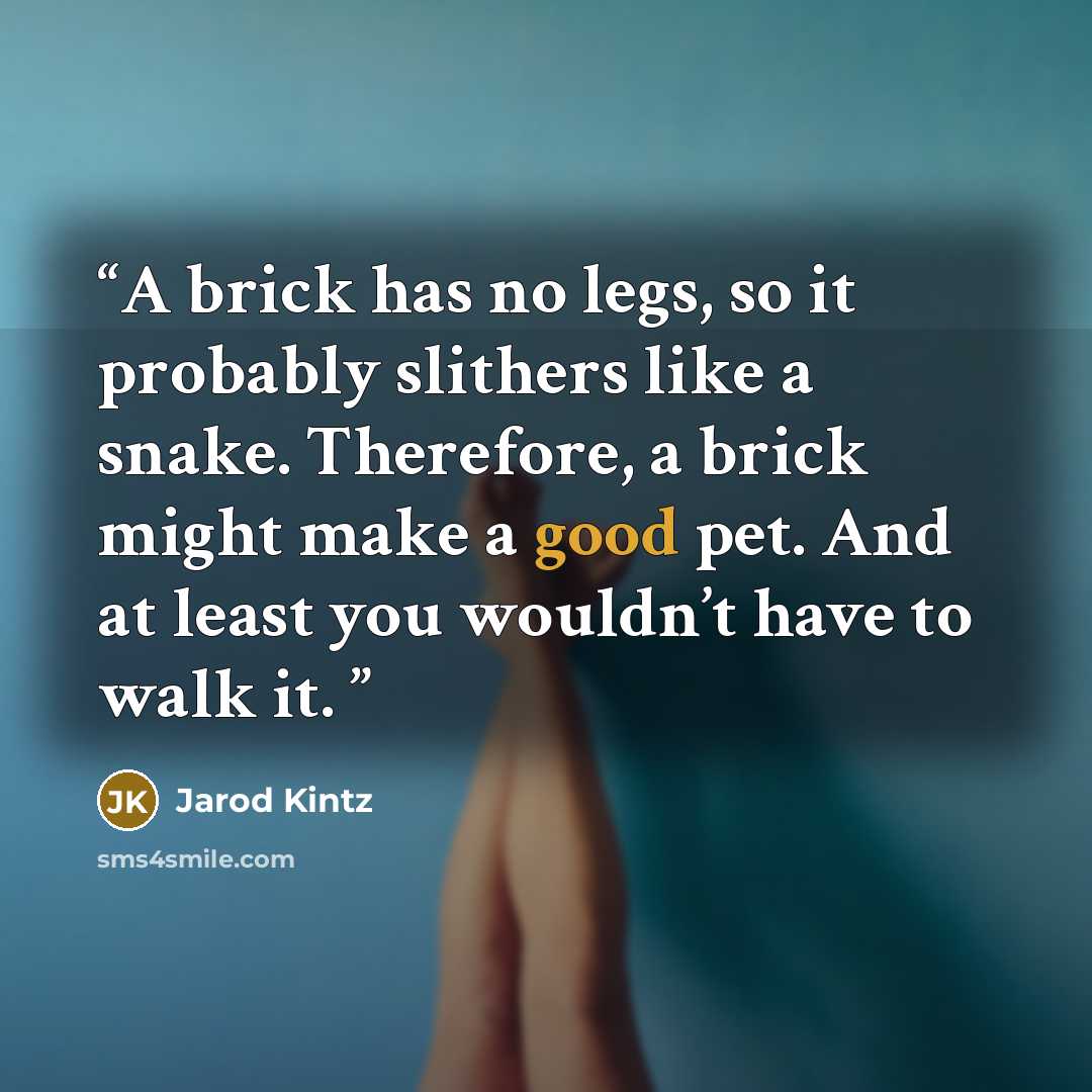 “A brick has no legs, so it probably slithers like a snake. Therefore, a brick might make a good pet. And at least you wouldn’t have to walk it.” quote by Jarod Kintz