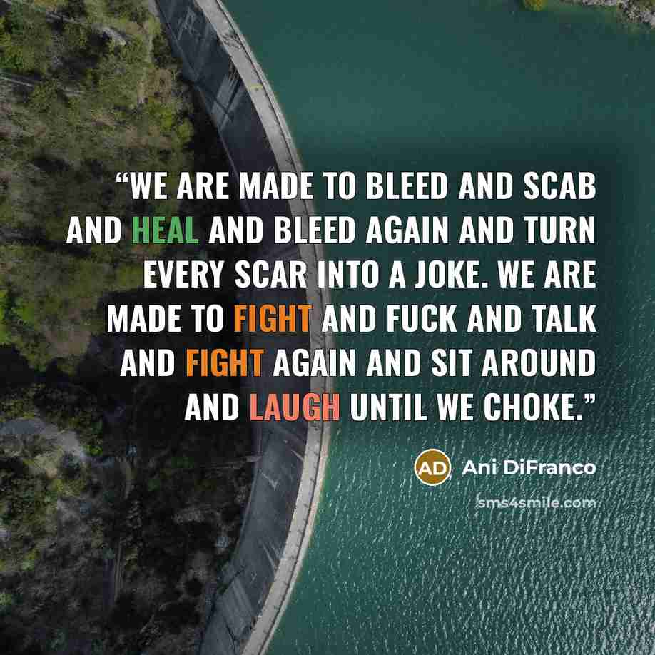 “We are made to bleed and scab and heal and bleed again and turn every scar into a joke. We are made to fight and fuck and talk and fight again and sit around and laugh until we choke.” quote by Ani DiFranco