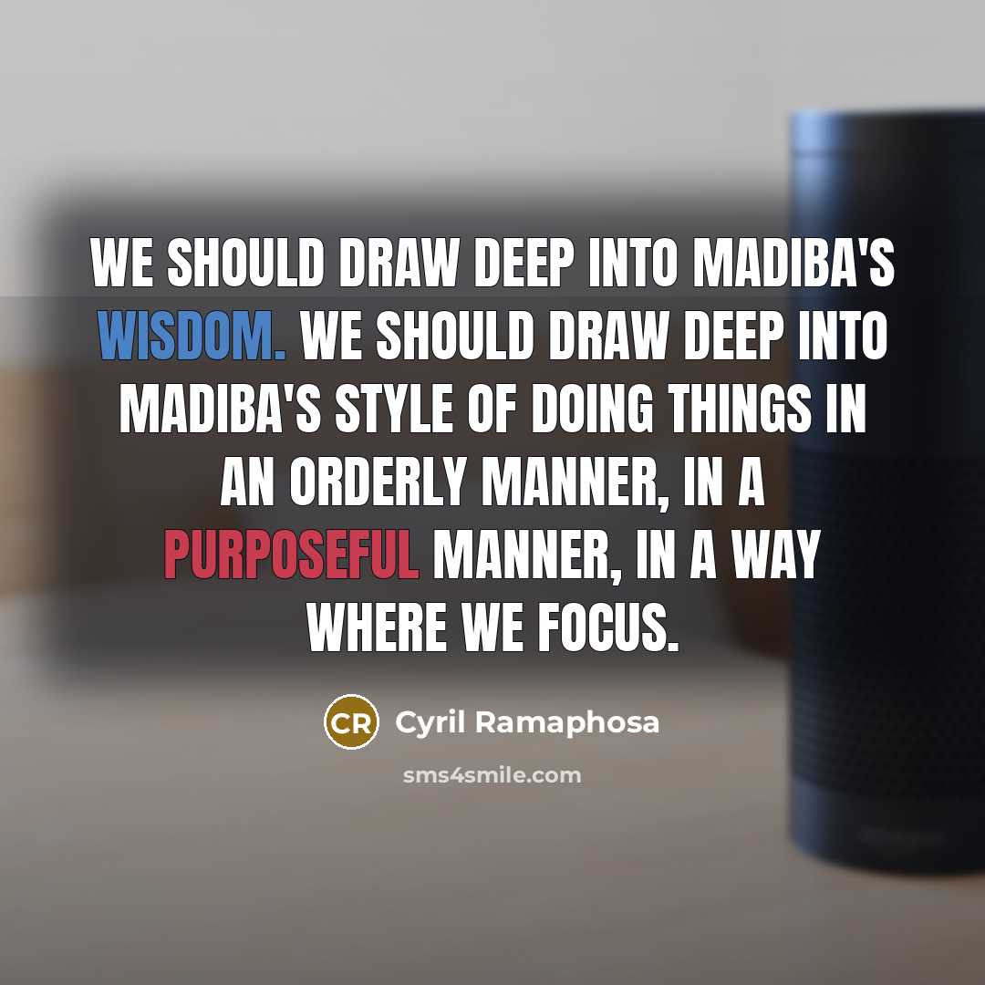 “We should draw deep into Madiba's wisdom. We should draw deep into Madiba's style of doing things in an orderly manner, in a purposeful manner, in a way where we focus.” quote by Cyril Ramaphosa