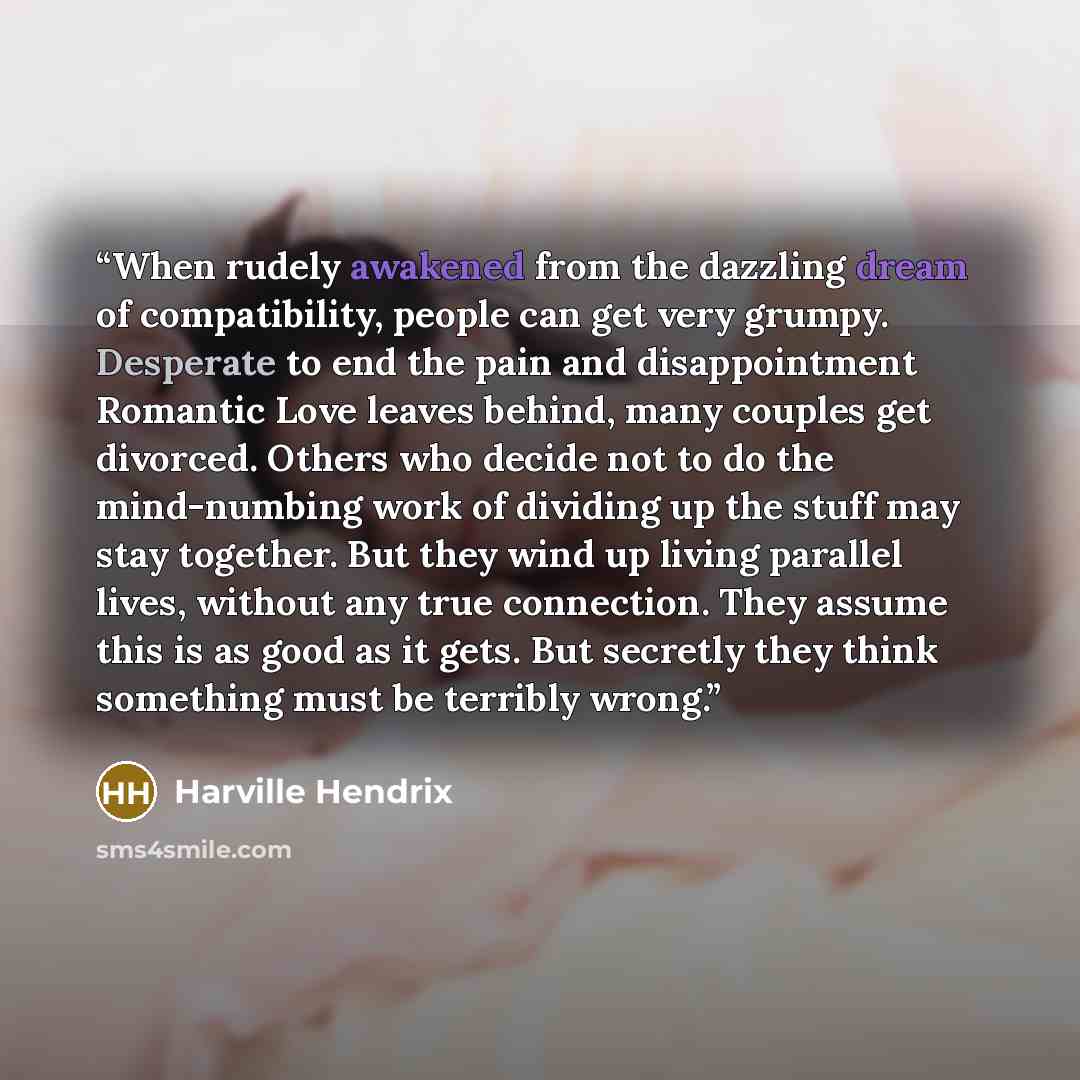 “When rudely awakened from the dazzling dream of compatibility, people can get very grumpy. Desperate to end the pain and disappointment Romantic Love leaves behind, many couples get divorced. Others who decide not to do the mind-numbing work of dividing up the stuff may stay together. But they…” quote by Harville Hendrix