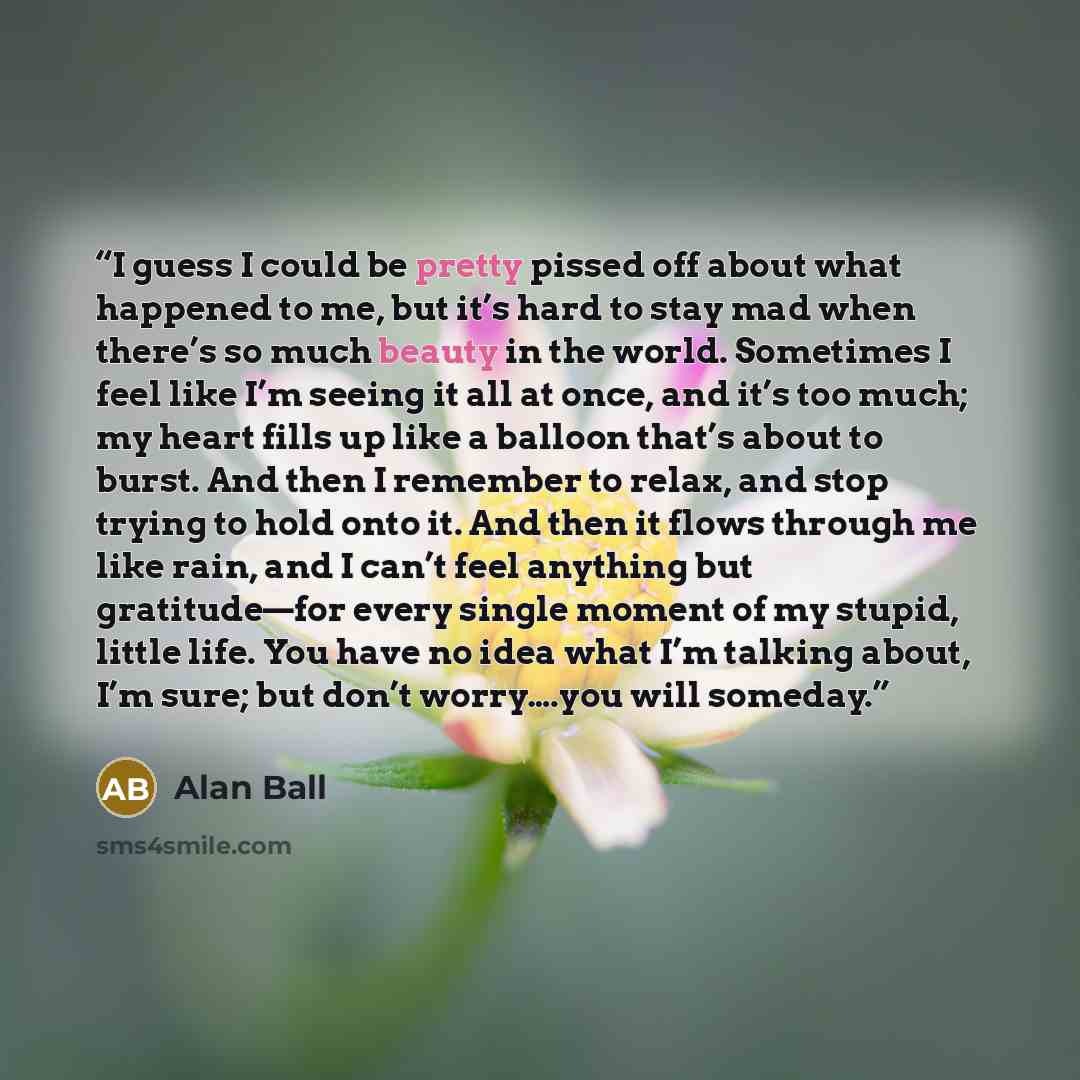 “I guess I could be pretty pissed off about what happened to me, but it’s hard to stay mad when there’s so much beauty in the world. Sometimes I feel like I’m seeing it all at once, and it’s too much; my heart fills up like a balloon that’s about to burst. And then I remember to relax, and stop…” quote by Alan Ball