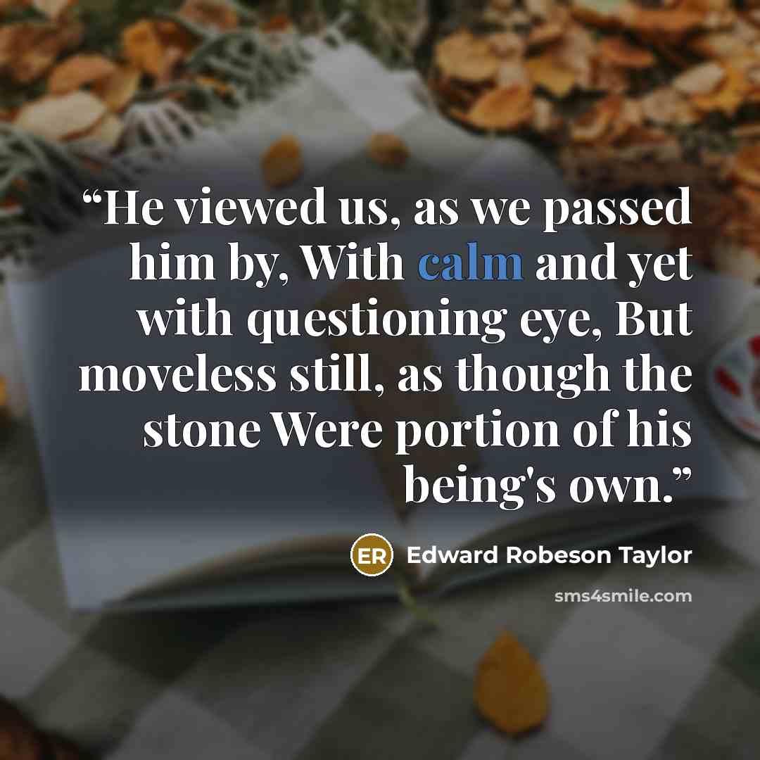 “He viewed us, as we passed him by, With calm and yet with questioning eye, But moveless still, as though the stone Were portion of his being's own.” quote by Edward Robeson Taylor