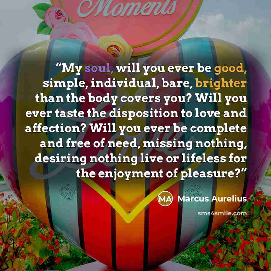 “My soul, will you ever be good, simple, individual, bare, brighter than the body covers you? Will you ever taste the disposition to love and affection? Will you ever be complete and free of need, missing nothing, desiring nothing live or lifeless for the enjoyment of pleasure?” quote by Marcus Aurelius