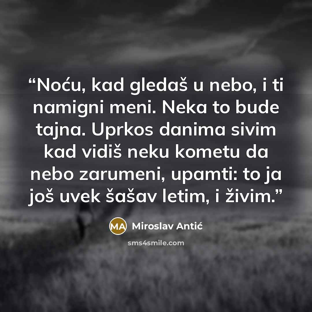 “Noću, kad gledaš u nebo, i ti namigni meni. Neka to bude tajna. Uprkos danima sivim kad vidiš neku kometu da nebo zarumeni, upamti: to ja još uvek šašav letim, i živim.” quote by Miroslav Antić