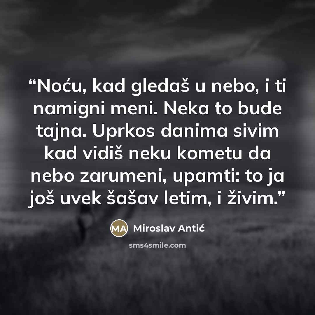 “Noću, kad gledaš u nebo, i ti namigni meni. Neka to bude tajna. Uprkos danima sivim kad vidiš neku kometu da nebo zarumeni, upamti: to ja još uvek šašav letim, i živim.” quote by Miroslav Antić