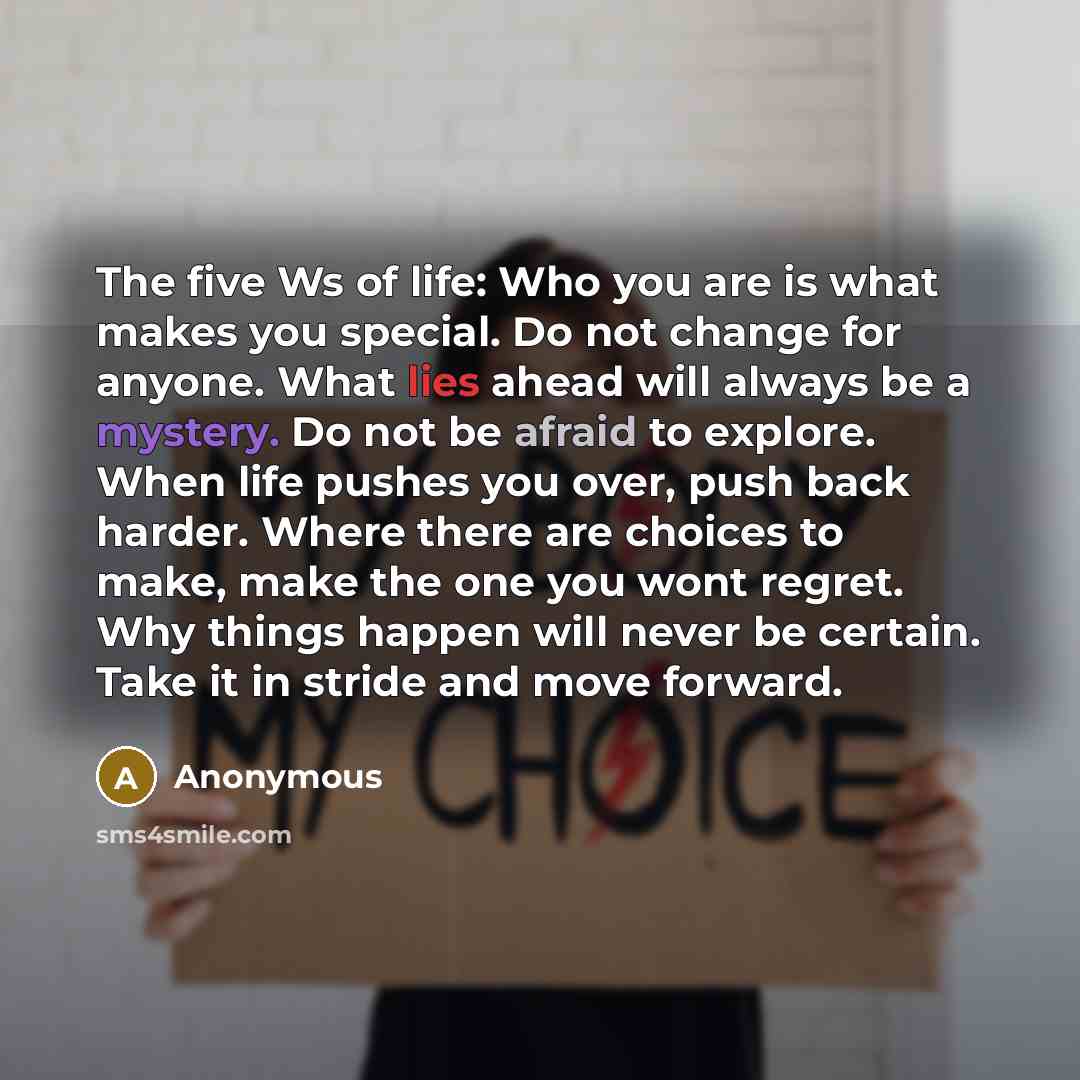 “The five Ws of life: Who you are is what makes you special. Do not change for anyone. What lies ahead will always be a mystery. Do not be afraid to explore. When life pushes you over, push back harder. Where there are choices to make, make the one you wont regret. Why things happen will never be…” quote by Anonymous
