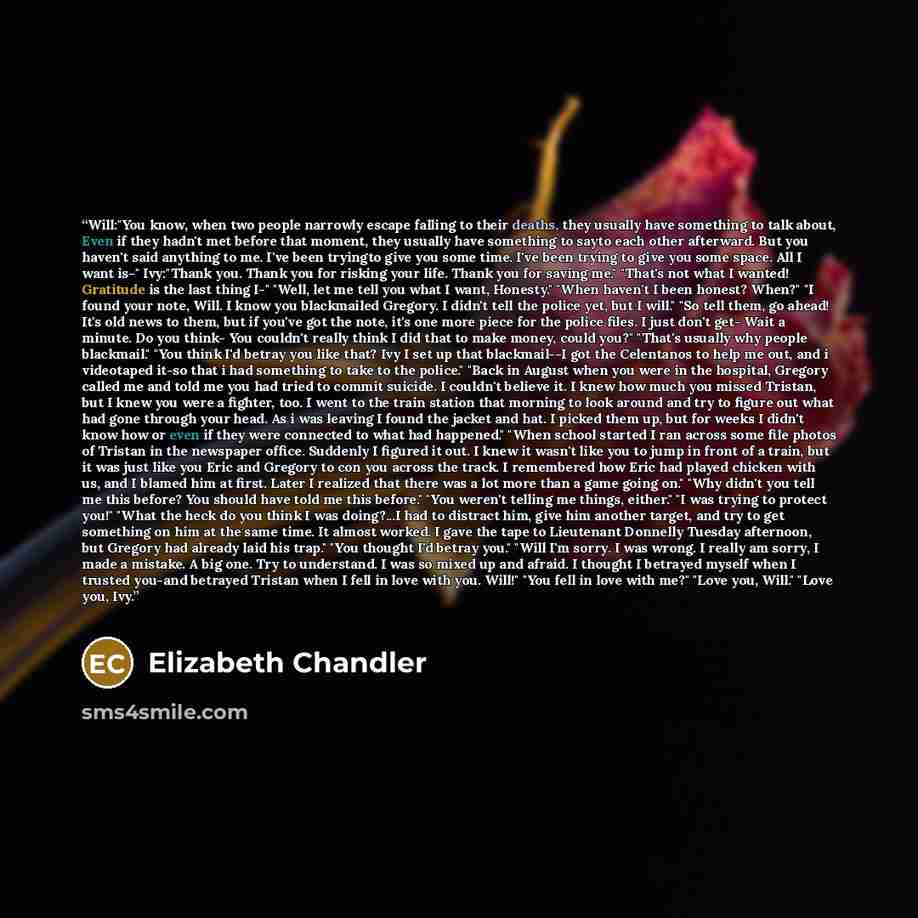“Will:"You know, when two people narrowly escape falling to their deaths, they usually have something to talk about, Even if they hadn't met before that moment, they usually have something to sayto each other afterward. But you haven't said anything to me. I've been tryingto give you some time…” quote by Elizabeth Chandler