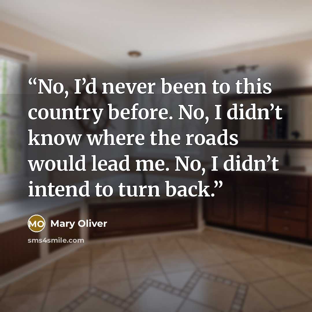 “No, I’d never been to this country before. No, I didn’t know where the roads would lead me. No, I didn’t intend to turn back.” quote by Mary Oliver