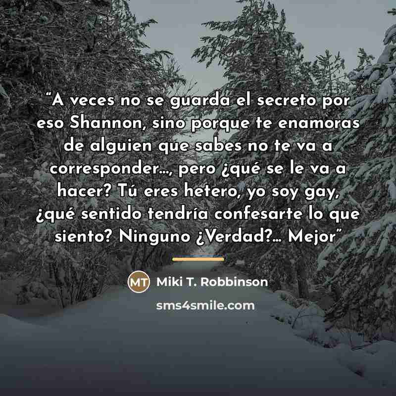 “A veces no se guarda el secreto por eso Shannon, sino porque te enamoras de alguien que sabes no te va a corresponder…, pero ¿qué se le va a hacer? Tú eres hetero, yo soy gay, ¿qué sentido tendría confesarte lo que siento? Ninguno ¿Verdad?... Mejor” quote by Miki T. Robbinson