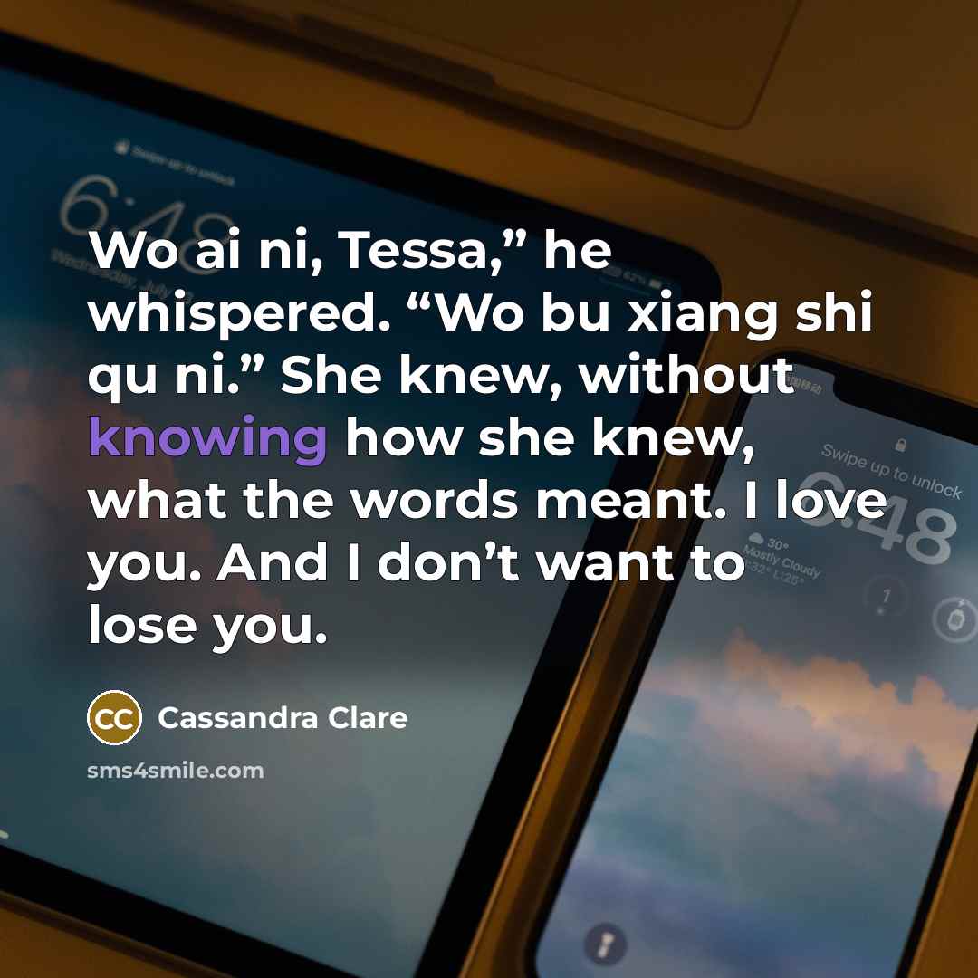 “Wo ai ni, Tessa,” he whispered. “Wo bu xiang shi…” quote by Cassandra Clare