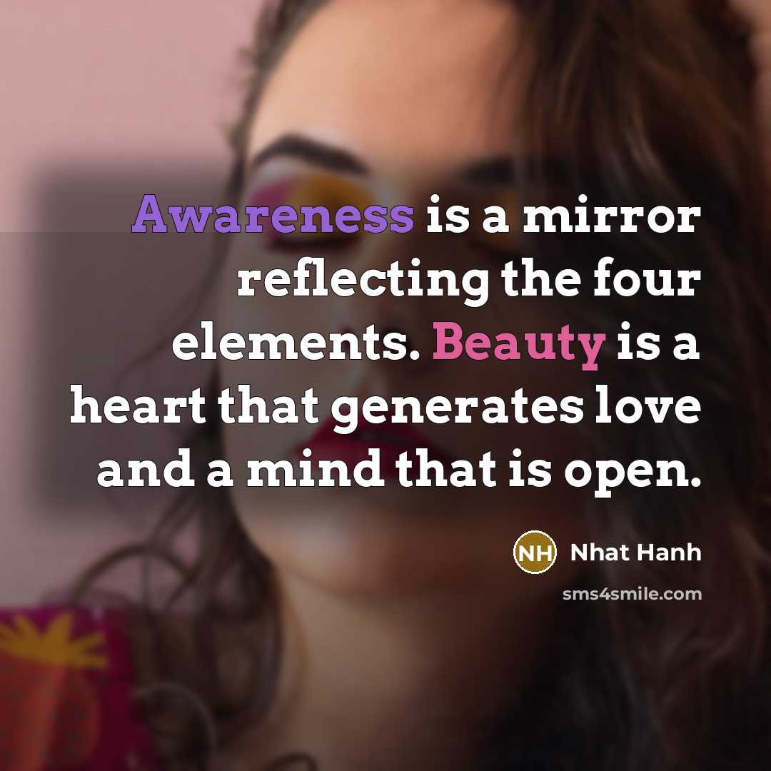 “Awareness is a mirror reflecting the four elements. Beauty is…” quote by Nhat Hanh