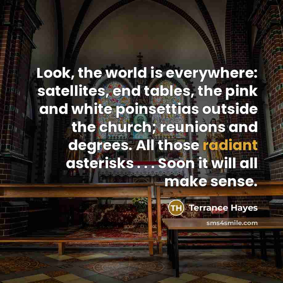 “Look, the world is everywhere: satellites, end tables, the pink…” quote by Terrance Hayes