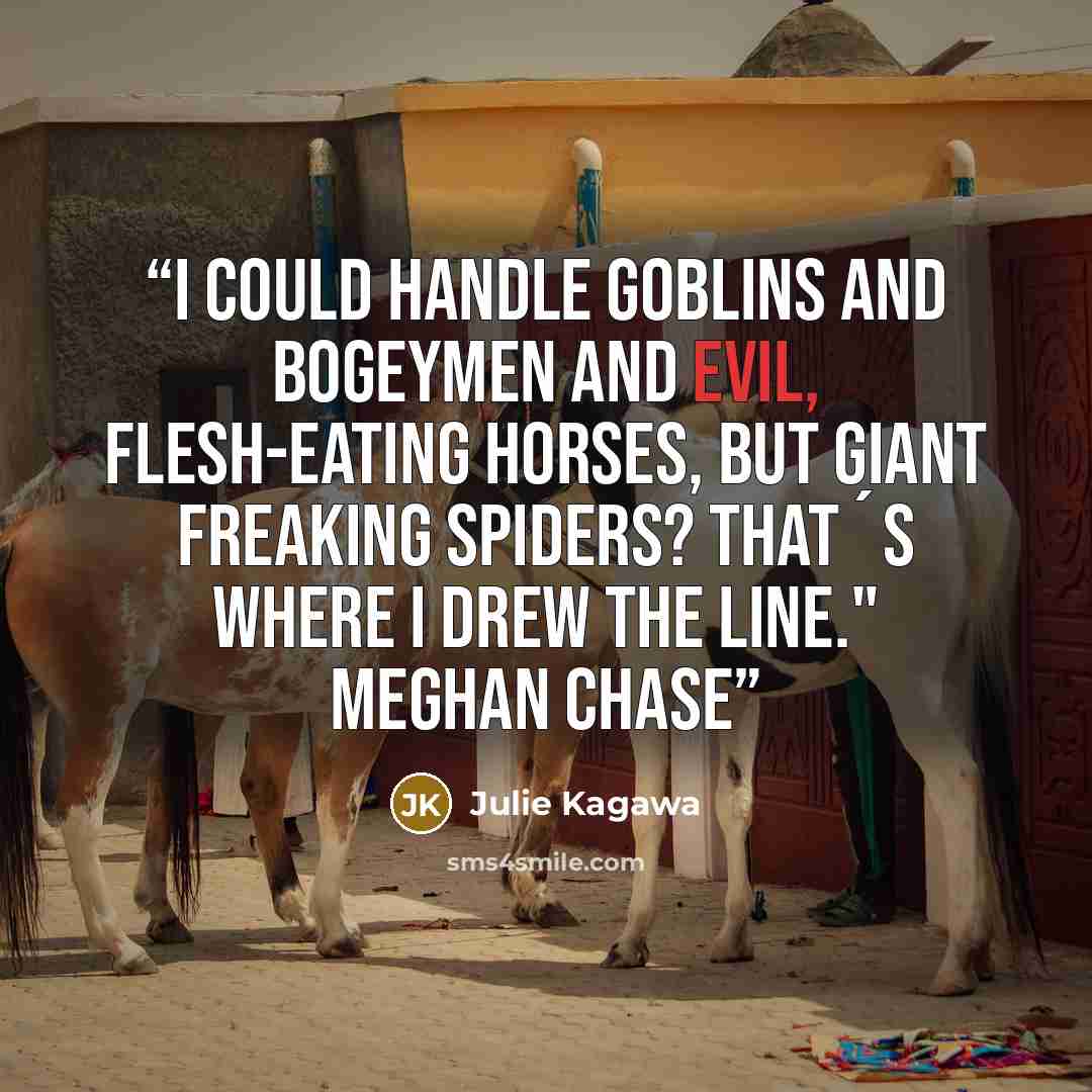 “I could handle goblins and bogeymen and evil, flesh-eating horses, but giant freaking spiders? That´s where I drew the line." Meghan Chase” quote by Julie Kagawa