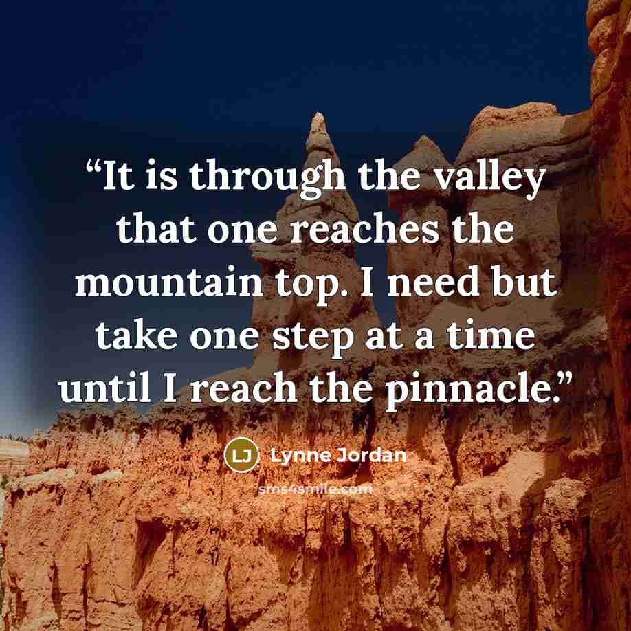 “It is through the valley that one reaches the mountain top. I need but take one step at a time until I reach the pinnacle.” quote by Lynne Jordan