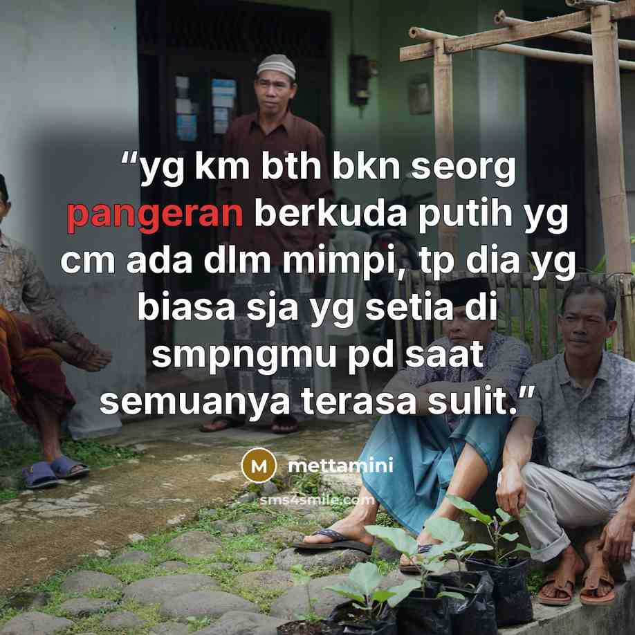 “yg km bth bkn seorg pangeran berkuda putih yg cm ada dlm mimpi, tp dia yg biasa sja yg setia di smpngmu pd saat semuanya terasa sulit.” quote by mettamini