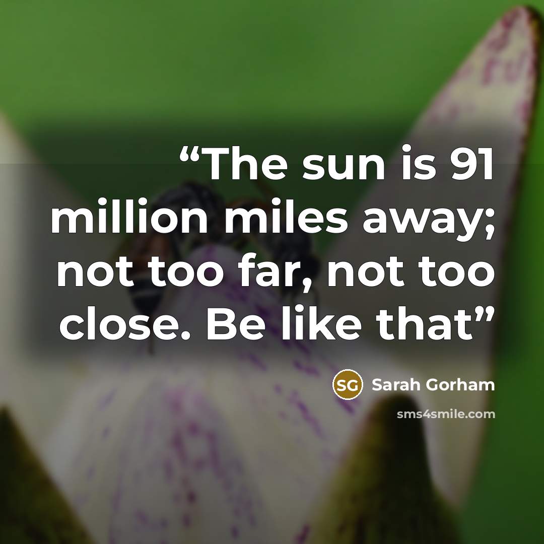 “The sun is 91 million miles away; not too far, not too close. Be like that” quote by Sarah Gorham