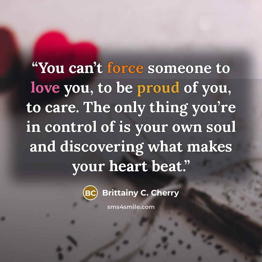 “You can’t force someone to love you, to be proud of you, to care. The only thing you’re in control of is your own soul and discovering what makes your heart beat.” quote by Brittainy C. Cherry