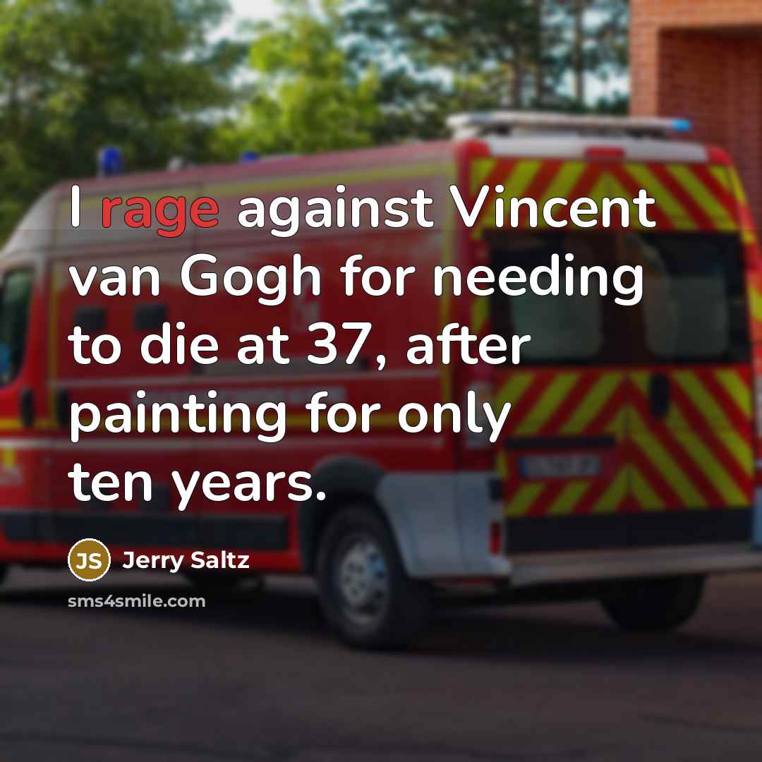 “I rage against Vincent van Gogh for needing to die…” quote by Jerry Saltz