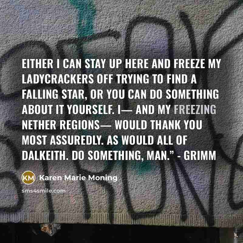 “Either I can stay up here and freeze my ladycrackers…” quote by Karen Marie Moning