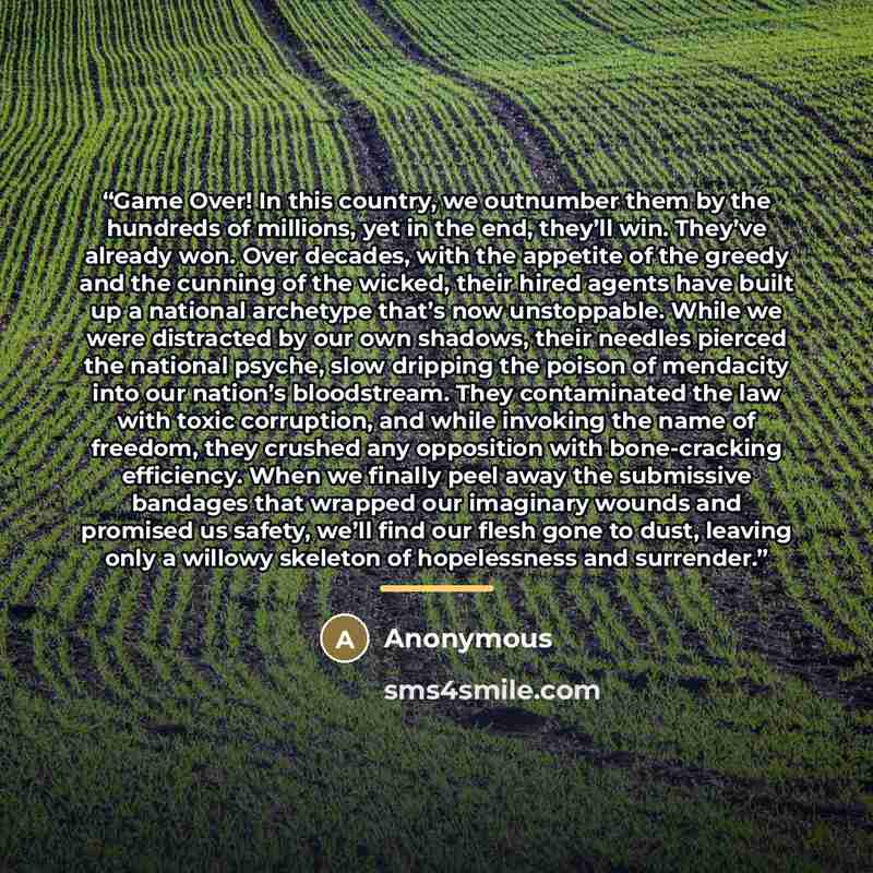 “Game Over! In this country, we outnumber them by the hundreds of millions, yet in the end, they’ll win. They’ve already won. Over decades, with the appetite of the greedy and the cunning of the wicked, their hired agents have built up a national archetype that’s now unstoppable. While we were…” quote by Anonymous