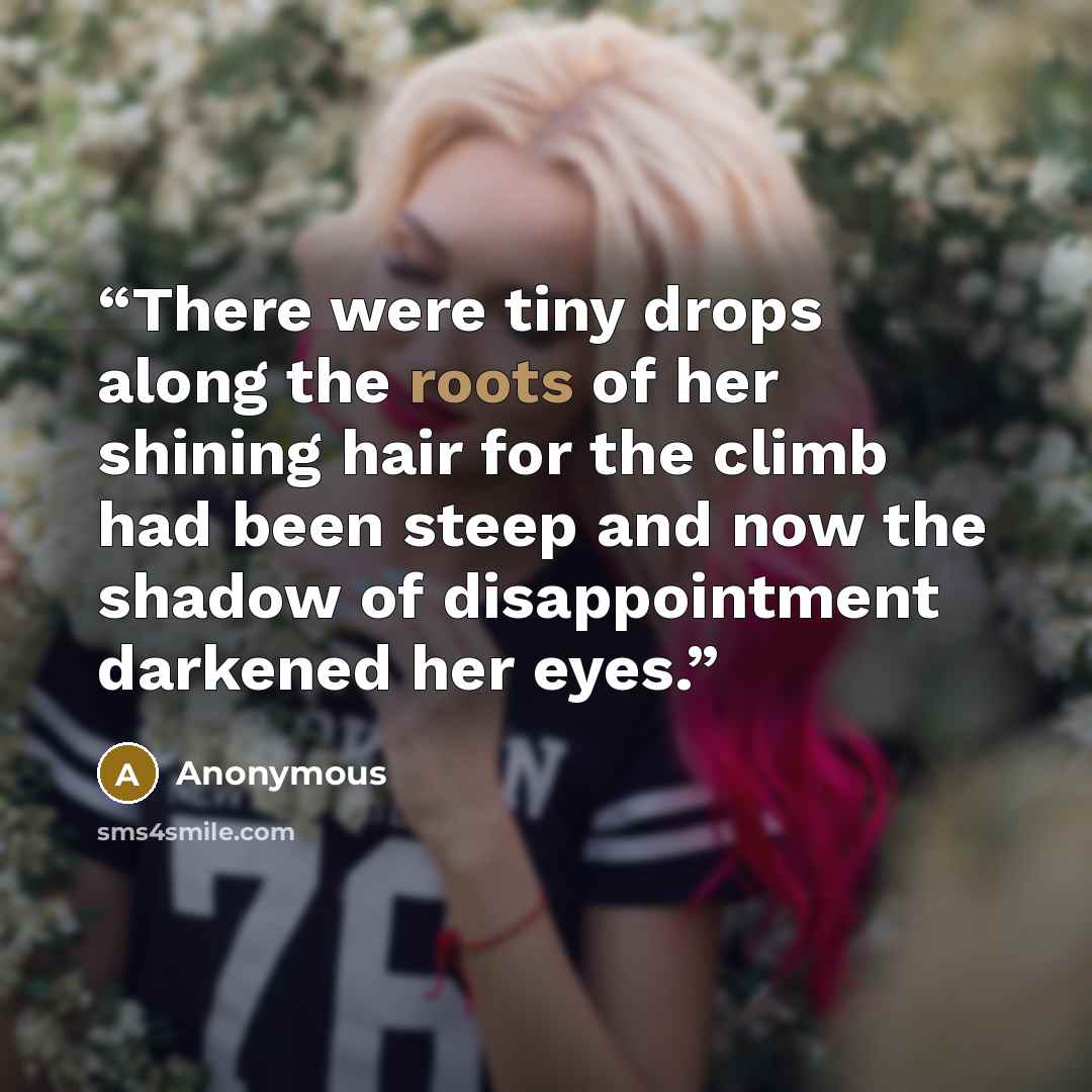 “There were tiny drops along the roots of her shining hair for the climb had been steep and now the shadow of disappointment darkened her eyes.” quote by Anonymous