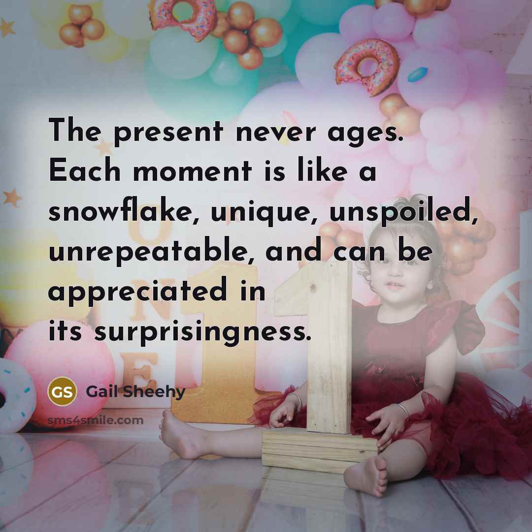 “The present never ages. Each moment is like a snowflake,…” quote by Gail Sheehy