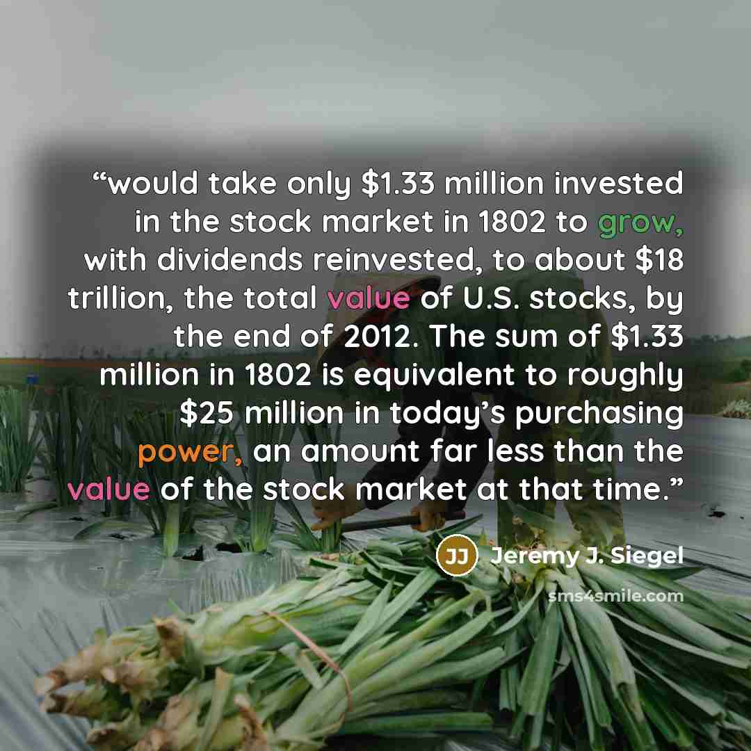 “would take only $1.33 million invested in the stock market in 1802 to grow, with dividends reinvested, to about $18 trillion, the total value of U.S. stocks, by the end of 2012. The sum of $1.33 million in 1802 is equivalent to roughly $25 million in today’s purchasing power, an amount far less…” quote by Jeremy J. Siegel