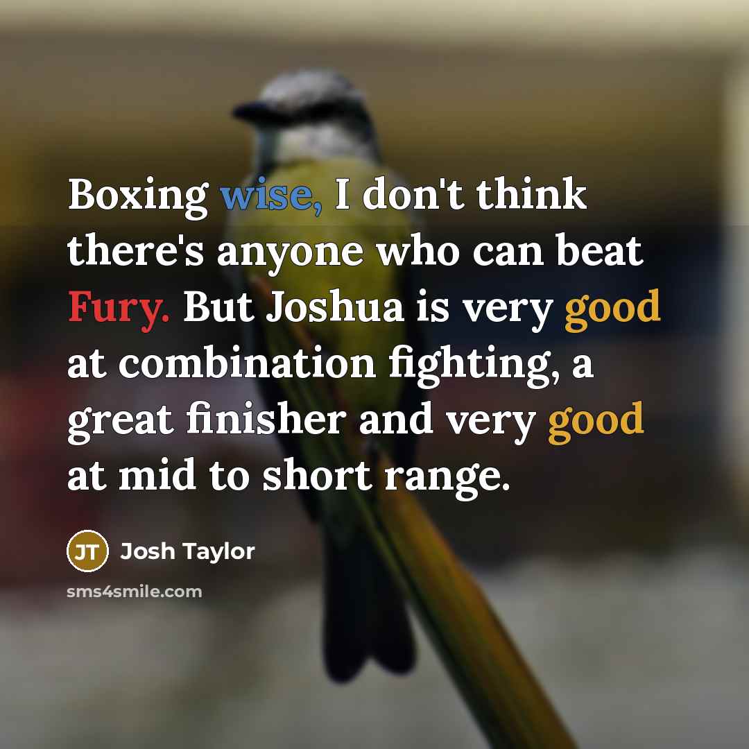 “Boxing wise, I don't think there's anyone who can beat Fury. But Joshua is very good at combination fighting, a great finisher and very good at mid to short range.” quote by Josh Taylor