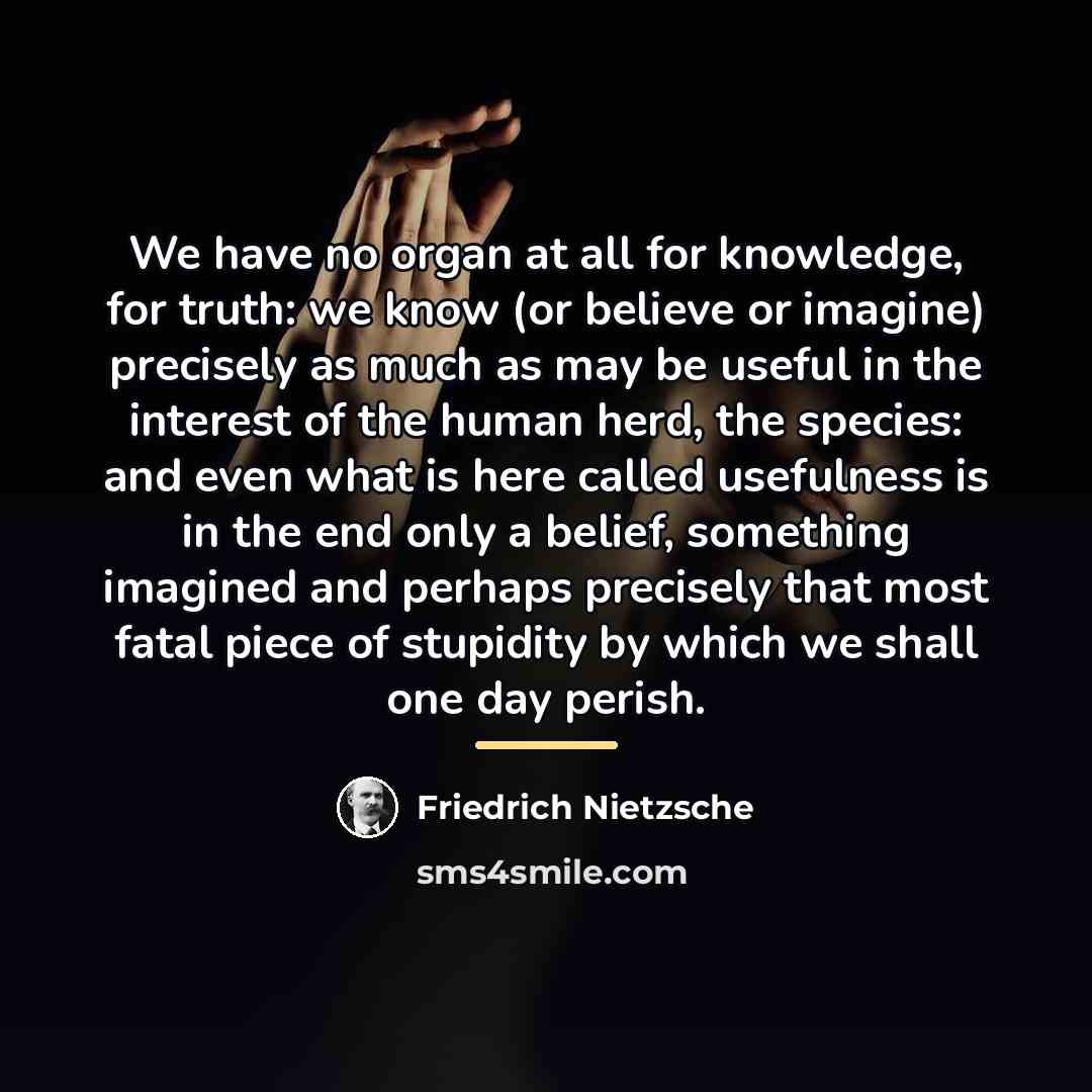 “We have no organ at all for knowledge, for truth:…” quote by Friedrich Nietzsche