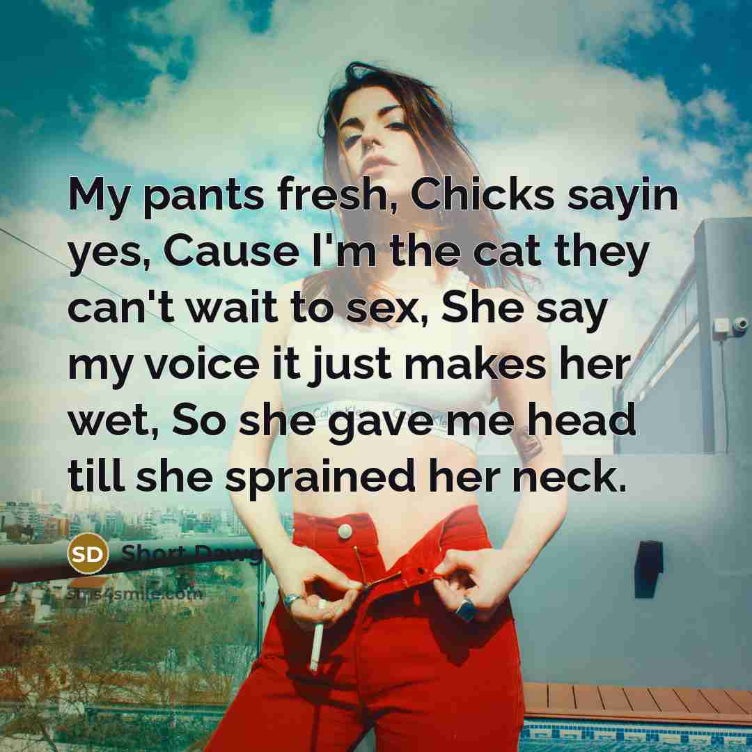 “My pants fresh, Chicks sayin yes, Cause I'm the cat they can't wait to sex, She say my voice it just makes her wet, So she gave me head till she sprained her neck.” quote by Short Dawg