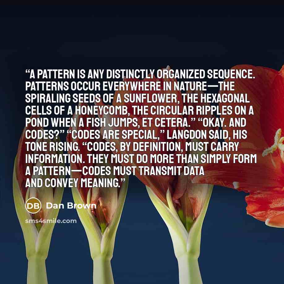 “A pattern is any distinctly organized sequence. Patterns occur everywhere in nature—the spiraling seeds of a sunflower, the hexagonal cells of a honeycomb, the circular ripples on a pond when a fish jumps, et cetera.” “Okay. And codes?” “Codes are special,” Langdon said, his tone rising. “Codes…” quote by Dan Brown