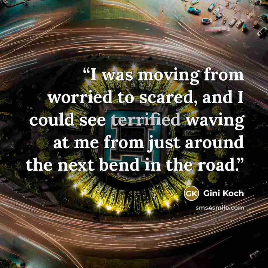 “I was moving from worried to scared, and I could see terrified waving at me from just around the next bend in the road.” quote by Gini Koch