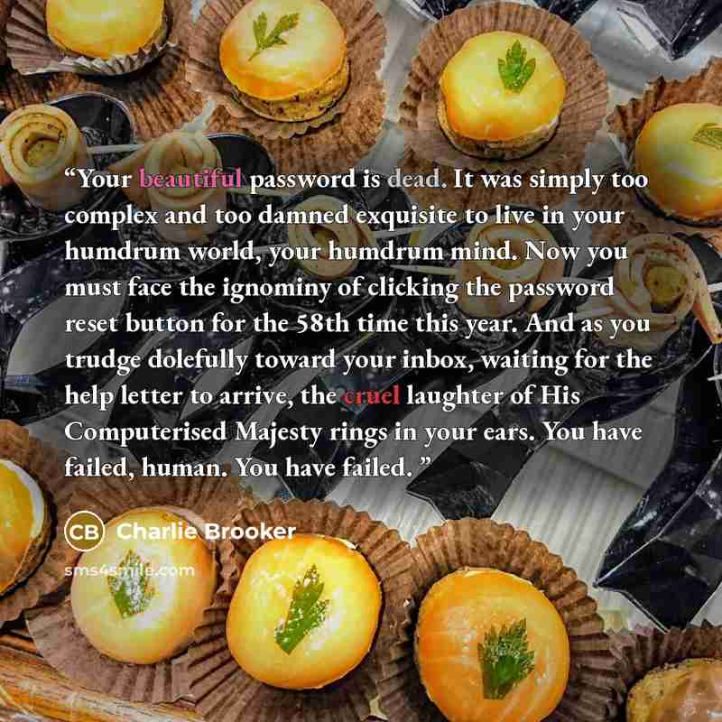 “Your beautiful password is dead. It was simply too complex and too damned exquisite to live in your humdrum world, your humdrum mind. Now you must face the ignominy of clicking the password reset button for the 58th time this year. And as you trudge dolefully toward your inbox, waiting for the…” quote by Charlie Brooker
