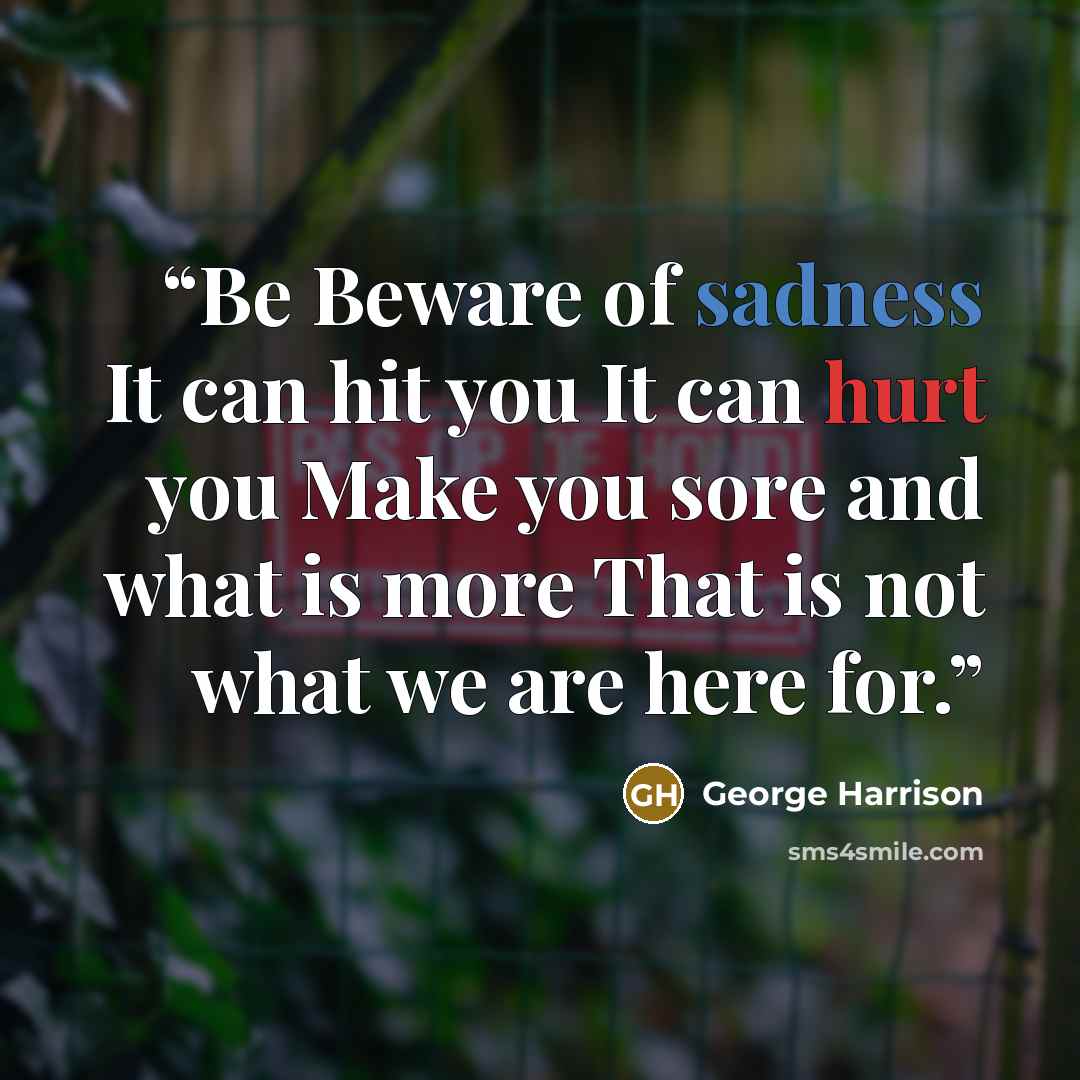 “Be Beware of sadness It can hit you It can hurt you Make you sore and what is more That is not what we are here for.” quote by George Harrison
