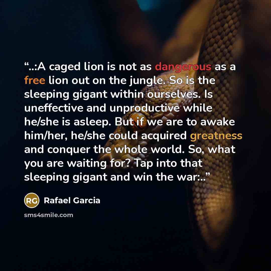 “..:A caged lion is not as dangerous as a free lion out on the jungle. So is the sleeping gigant within ourselves. Is uneffective and unproductive while he/she is asleep. But if we are to awake him/her, he/she could acquired greatness and conquer the whole world. So, what you are waiting for? Tap…” quote by Rafael Garcia