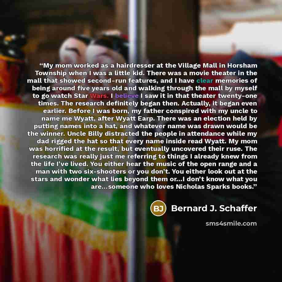“My mom worked as a hairdresser at the Village Mall in Horsham Township when I was a little kid. There was a movie theater in the mall that showed second-run features, and I have clear memories of being around five years old and walking through the mall by myself to go watch Star Wars. I believe I…” quote by Bernard J. Schaffer