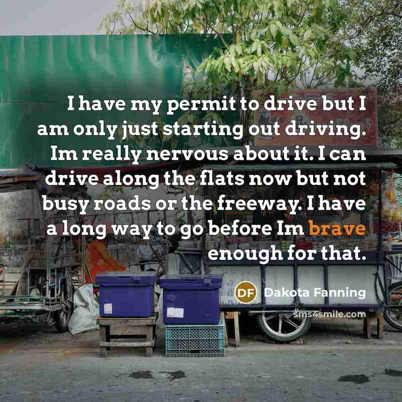“I have my permit to drive but I am only just starting out driving. Im really nervous about it. I can drive along the flats now but not busy roads or the freeway. I have a long way to go before Im brave enough for that.” quote by Dakota Fanning