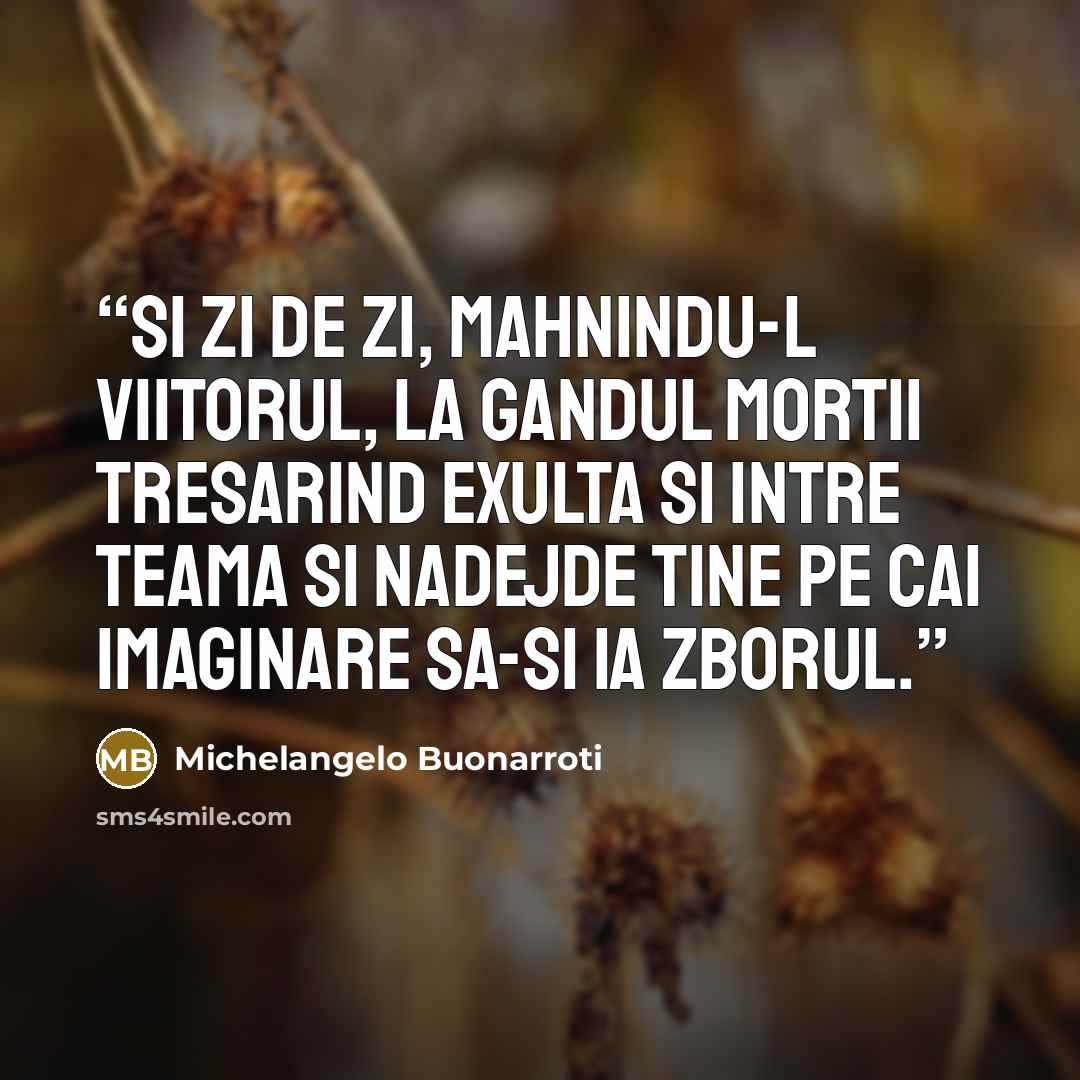 “si zi de zi, mahnindu-l viitorul, la gandul mortii tresarind exulta si intre teama si nadejde tine pe cai imaginare sa-si ia zborul.” quote by Michelangelo Buonarroti
