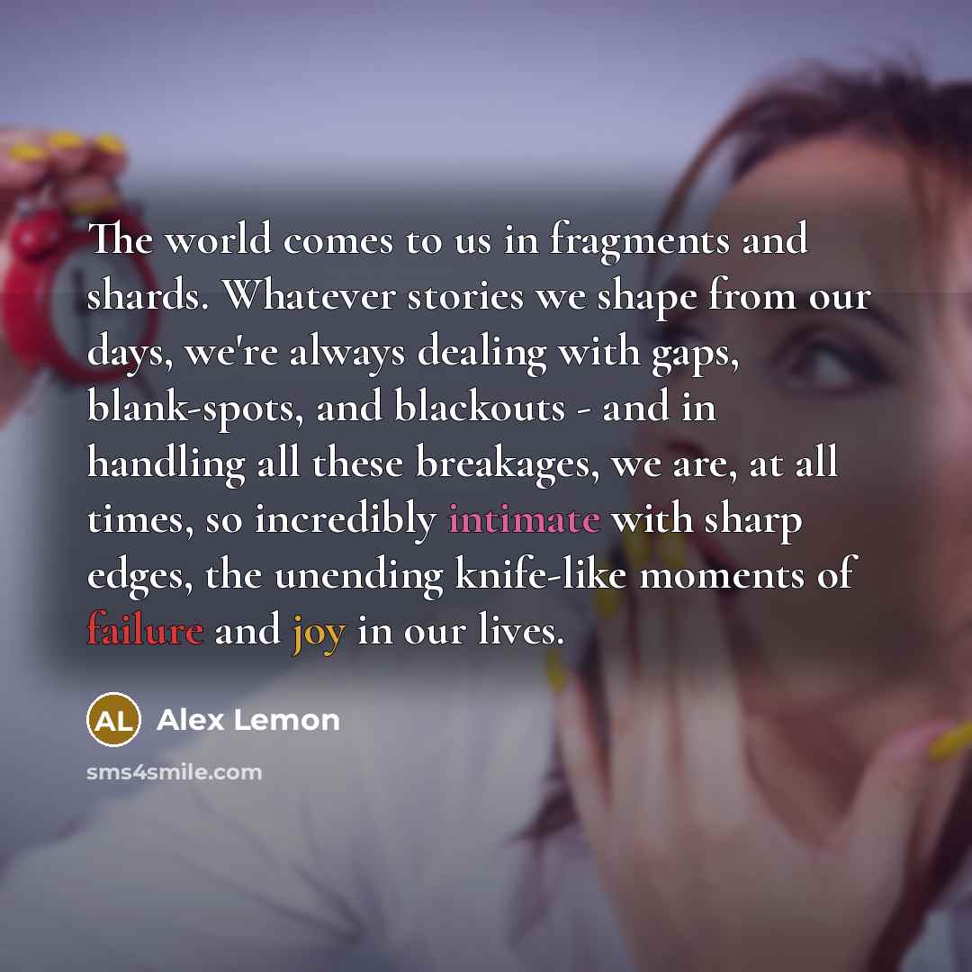“The world comes to us in fragments and shards. Whatever…” quote by Alex Lemon