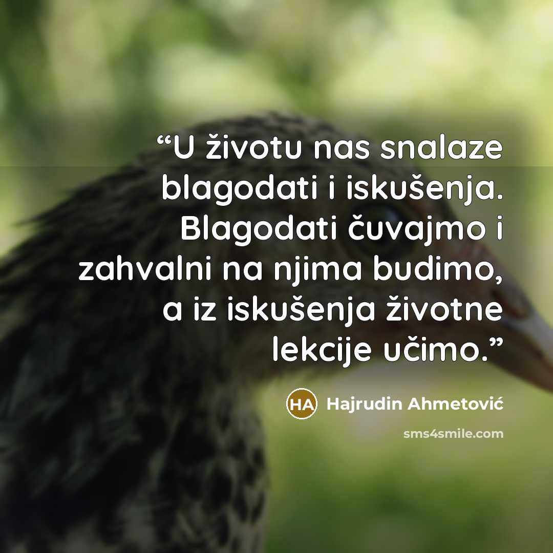 “U životu nas snalaze blagodati i iskušenja. Blagodati čuvajmo i zahvalni na njima budimo, a iz iskušenja životne lekcije učimo.” quote by Hajrudin Ahmetović