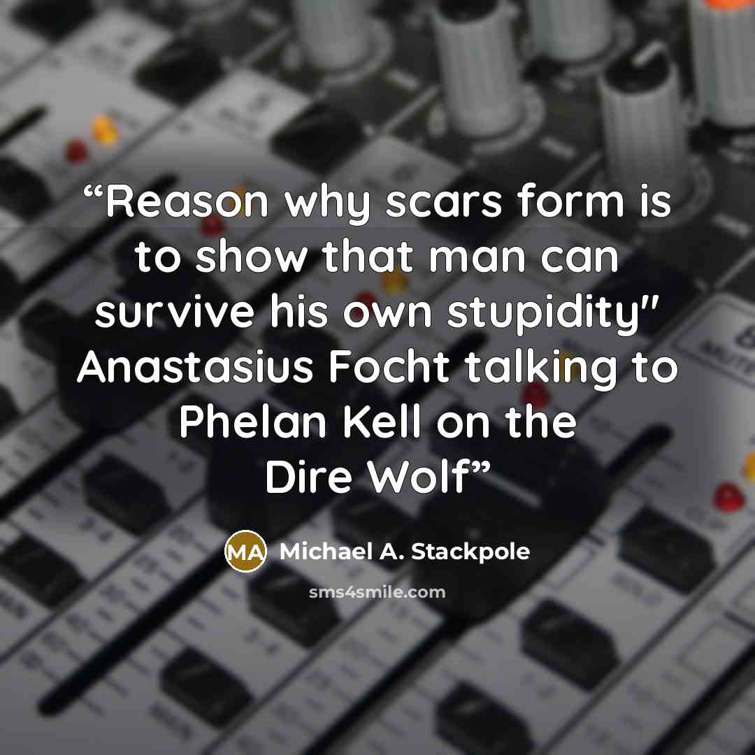 “Reason why scars form is to show that man can survive his own stupidity" Anastasius Focht talking to Phelan Kell on the Dire Wolf” quote by Michael A. Stackpole