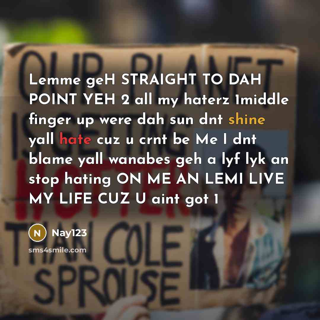 “Lemme geH STRAIGHT TO DAH POINT YEH 2 all my haterz 1middle finger up were dah sun dnt shine yall hate cuz u crnt be Me I dnt blame yall wanabes geh a lyf lyk an stop hating ON ME AN LEMI LIVE MY LIFE CUZ U aint got 1” quote by Nay123
